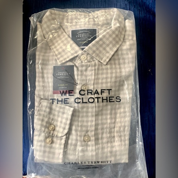 Linen Charles Tyrwhitt London New grey gingham checked men’s shirt L - Picture 2 of 9